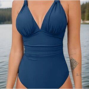 Cupshe Women’s Blue One Piece Swimsuit M Tummy Control Cross Back Bathing Suit